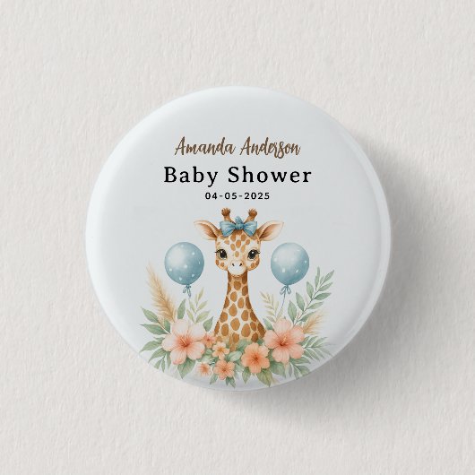 Cute Baby Giraffe Boy Baby Shower | Blue Safari 缶バッジ (正面)