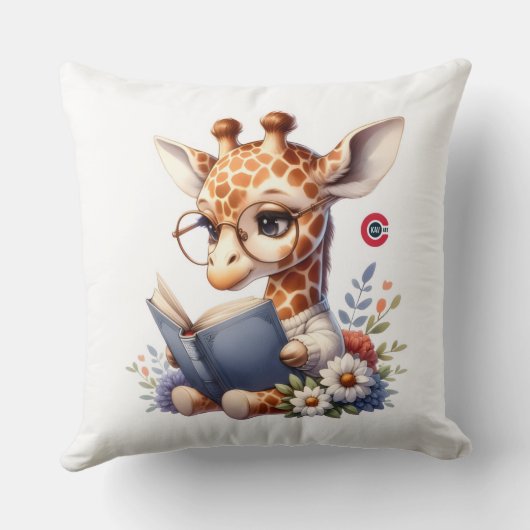 Cute Baby Giraffe Reading Book with Glasses Throw  クッション (裏面)