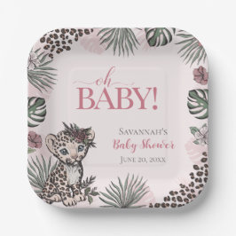 Cute Baby Girl Leopard Cub Pink Baby Shower ペーパープレート