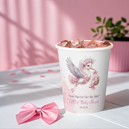 Cute Baby Girl Stork & Pink Cloud Baby Shower 紙コップ