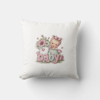 Cute Baby Girl with Flowers & Pink Letters | Sweet クッション