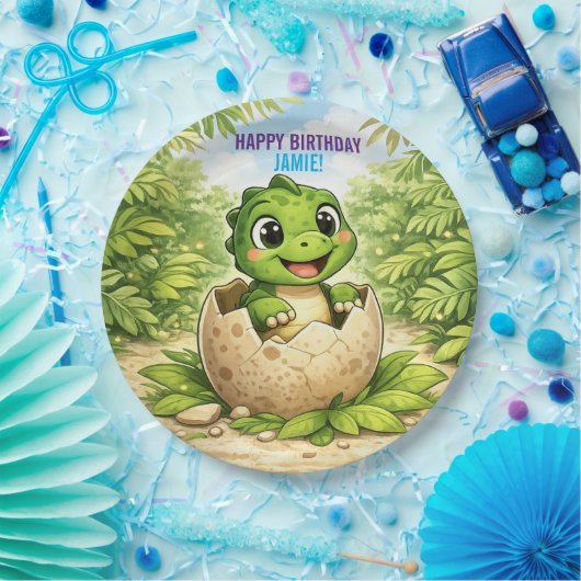 Cute Baby Hatchling Dinosaur Birthday ペーパープレート (パーティー)