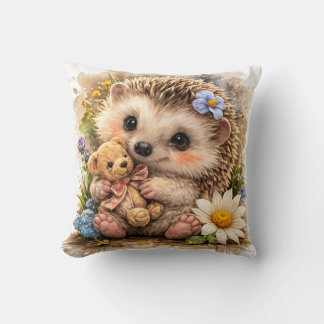Cute Baby Hedgehog With Teddy Bear Floral Kawaii N クッション