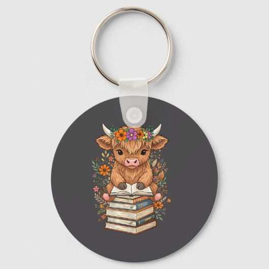 Cute Baby Highland Cow Reading Book Librarian Book キーホルダー (正面)
