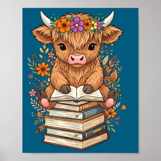 Cute Baby Highland Cow Reading Book Librarian Book ポスター (正面)