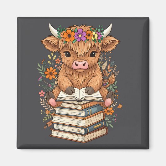Cute Baby Highland Cow Reading Book Librarian Book マグネット (正面)