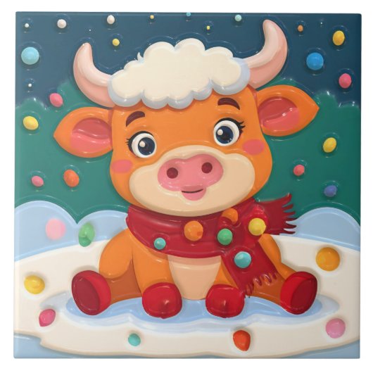 Cute Baby Highland Cow w Christmas Lights on Teal タイル (正面)