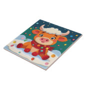 Cute Baby Highland Cow w Christmas Lights on Teal タイル (側面)