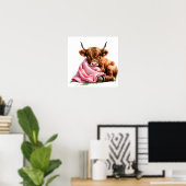 Cute Baby Highland Cow with Flowers ポスター (ホームオフィス)