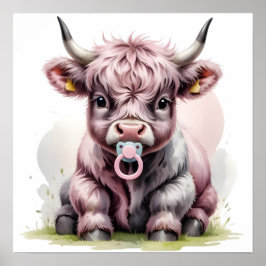 Cute Baby Highland Cow with Flowers – Farm Nursery ポスター