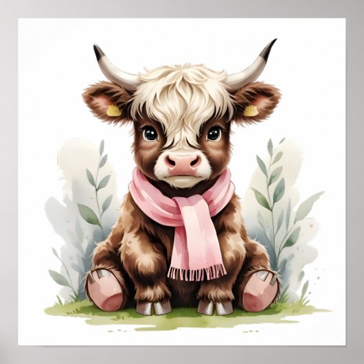 Cute Baby Highland Cow with Flowers – Farm Nursery ポスター (正面)
