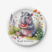 Cute Baby Hippopotamus Watermelon Baby Shower ペーパープレート (正面)