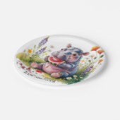 Cute Baby Hippopotamus Watermelon Baby Shower ペーパープレート (アングル)