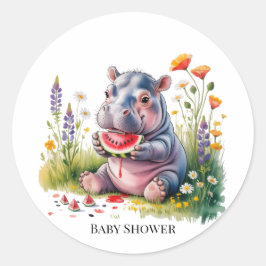 Cute Baby Hippopotamus Watermelon Baby Shower ラウンドシール