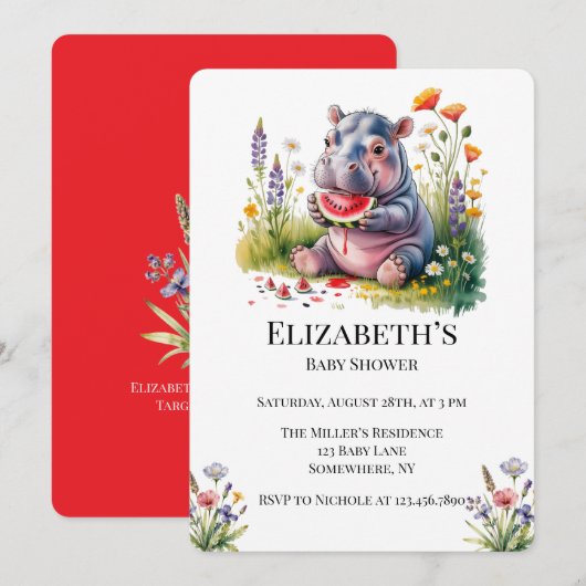 Cute Baby Hippopotamus Watermelon Baby Shower  招待状 (正面/裏面)