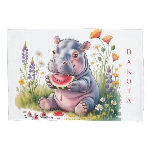 Cute Baby Hippopotamus Watermelon Baby Shower Gift 枕カバー (正面)