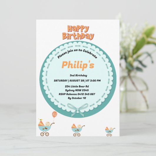 Cute baby in stroller birthday 招待状 (スタンド正面)