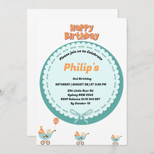 Cute baby in stroller birthday  招待状 (正面/裏面)