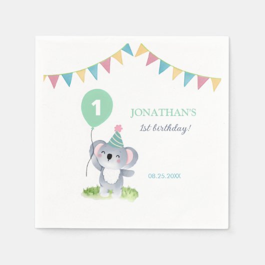 Cute Baby Koala Balloon Party Flag Birthday スタンダードカクテルナプキン (正面)