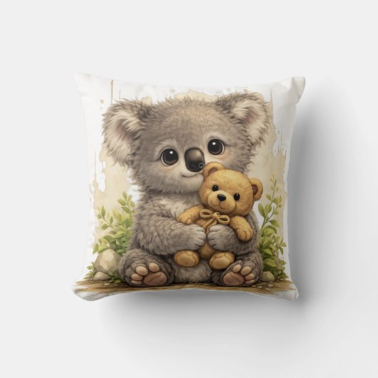 Cute Baby Koala With Teddy Bear Kawaii Nursery Ani クッション (正面)