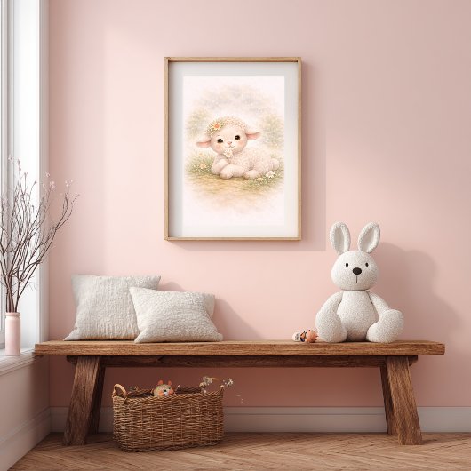 Cute Baby Lamb & Flower Nursery Room Kids ポスター