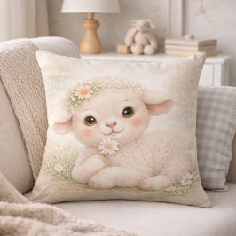 Cute Baby Lamb With Flower Neutral Kids Room クッション
