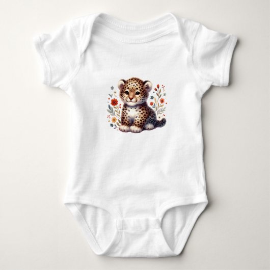 Cute Baby Leopard with Flowers ベビーボディスーツ (正面)