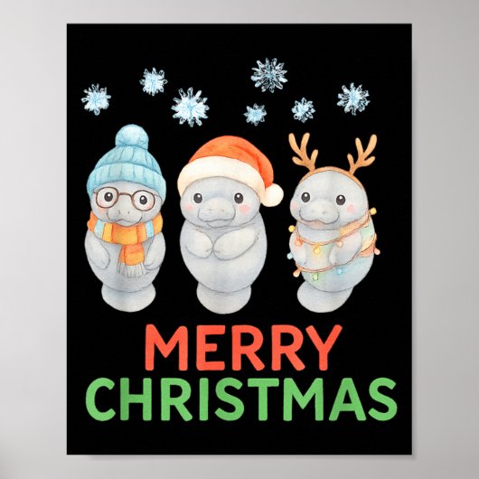 Cute Baby Manatee Santa Reindeer Christmas Manatee ポスター (正面)