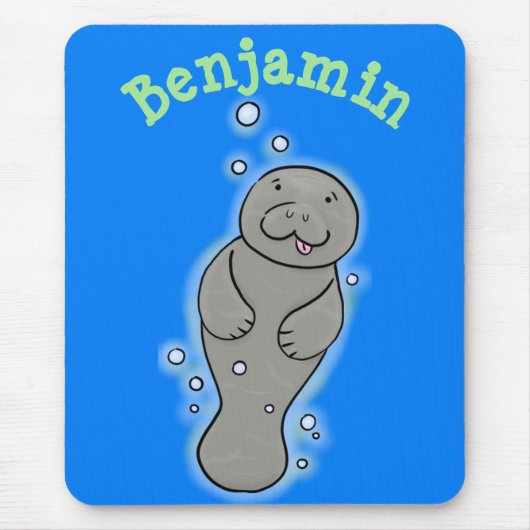 Cute baby manatee with bubbles illustration マウスパッド (正面)