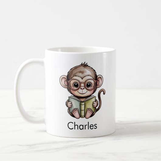 Cute Baby Monkey Reading a Book コーヒーマグカップ (左)