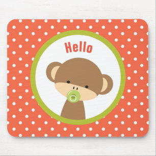 Cute Baby Monkey with a Pacifier on Polka Dots マウスパッド