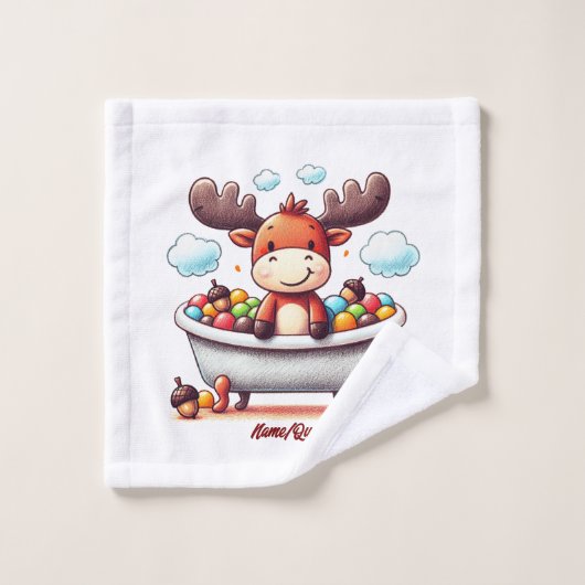 Cute Baby Moose Bath Time Cartoon Illustration ウォッシュタオル (ウォッシュタオル)