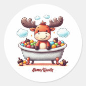 Cute Baby Moose Bath Time Cartoon Illustration ラウンドシール (正面)