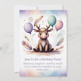 Cute baby Moose Birthday Invitation Woodland Boho  招待状