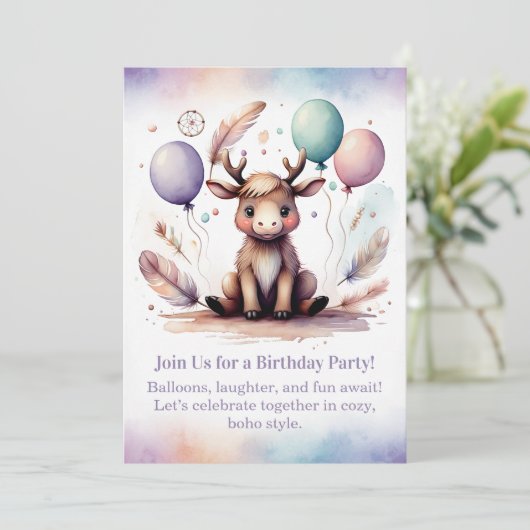 Cute baby Moose Birthday Invitation Woodland Boho  招待状 (スタンド正面)
