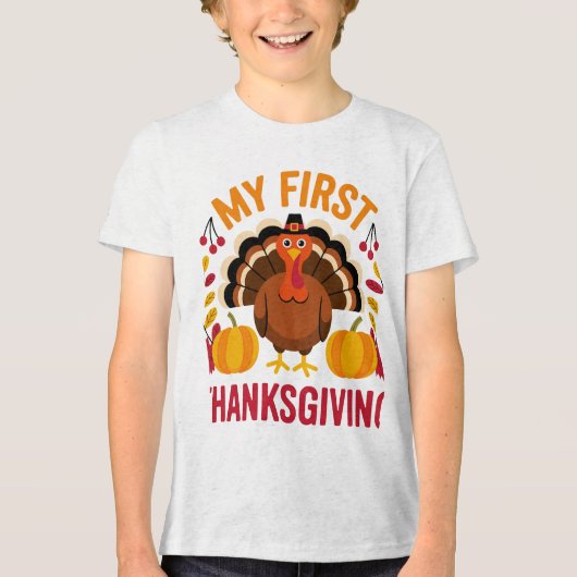 Cute Baby “My First Thanksgiving” Turkey Design トライブレンドTシャツ (正面)