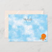 Cute Baby Octopus Blue Watercolor Custom Monogram ノートカード (正面/裏面)