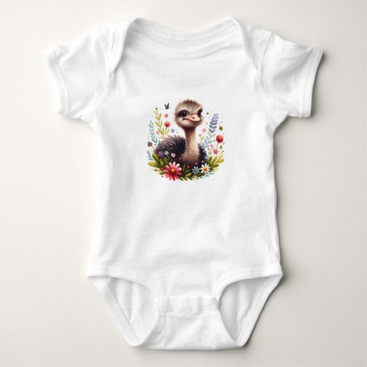 Cute Baby Ostrich with Flowers ベビーボディスーツ (正面)