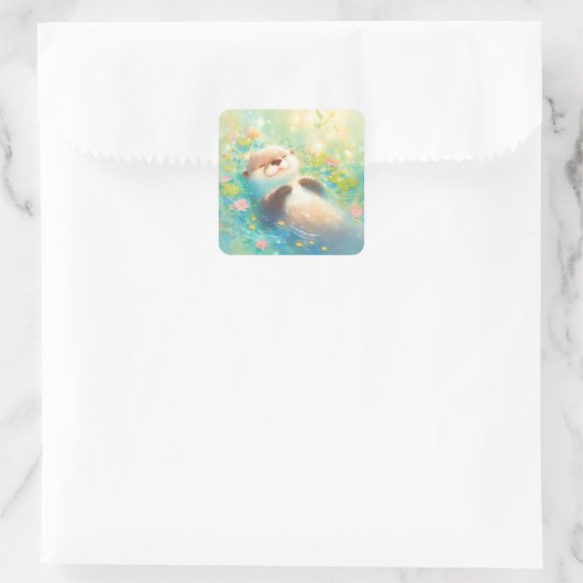 Cute Baby Otter Floating in Sunlit Blue Pond スクエアシール (バッグ)