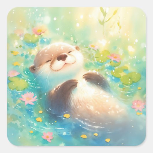 Cute Baby Otter Floating in Sunlit Blue Pond スクエアシール (正面)