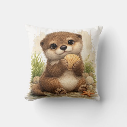 Cute Baby Otter Shell Pillow Kawaii Decor クッション (正面)