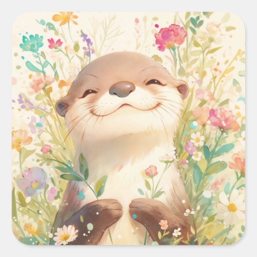 Cute Baby Otter Smiling in Meadow Flowers スクエアシール (正面)