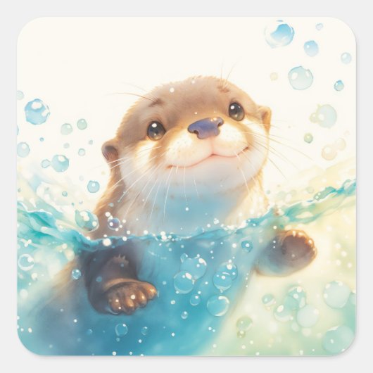 Cute Baby Otter Splashing in Sparkling Blue Water スクエアシール (正面)