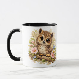 Cute Baby Owl with Wildflowers Watercolor マグカップ