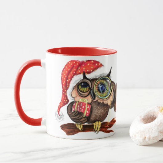 Cute Baby Owls In Christmas Hat and Gift For You  マグカップ (ドーナツ)