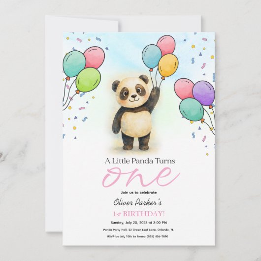 Cute Baby Panda Balloon 1st Birthday Party Pink 招待状 (正面)