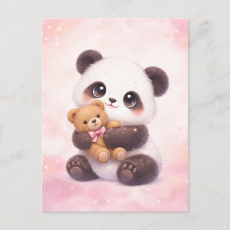 Cute Baby Panda Hugging Teddy Bear Postcard ポストカード