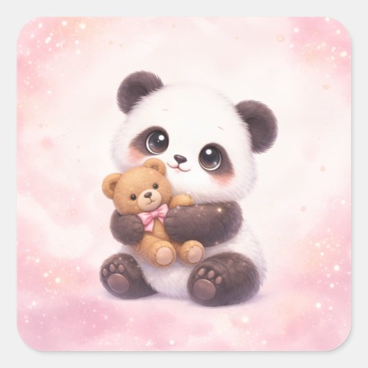 Cute Baby Panda Hugging Teddy Bear Square Sticker スクエアシール (正面)