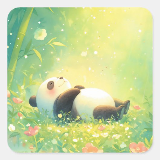 Cute Baby Panda Sleeping in Sunlit Bamboo Forest スクエアシール (正面)