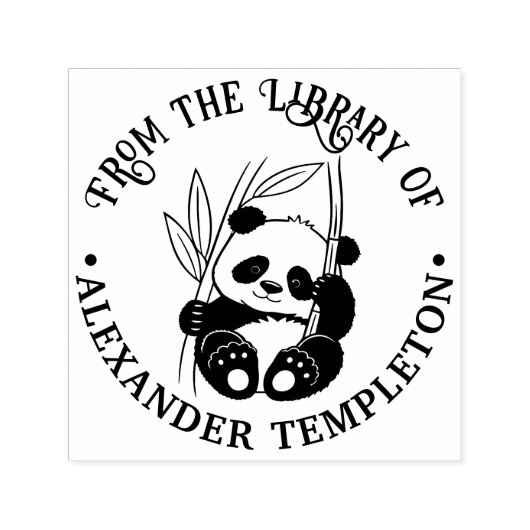 Cute Baby Panda with Bamboo Library Book Name セルフインキングスタンプ (デザイン)